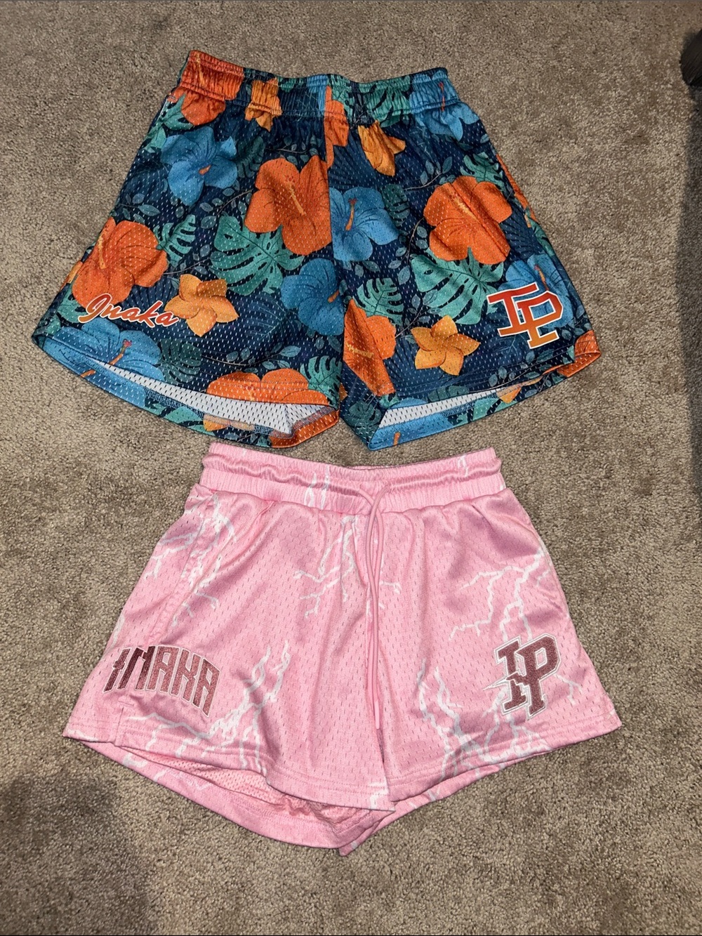 Tropical Floral Blue & Orange Mesh Shorts + Pink Lightning Mesh Shorts
